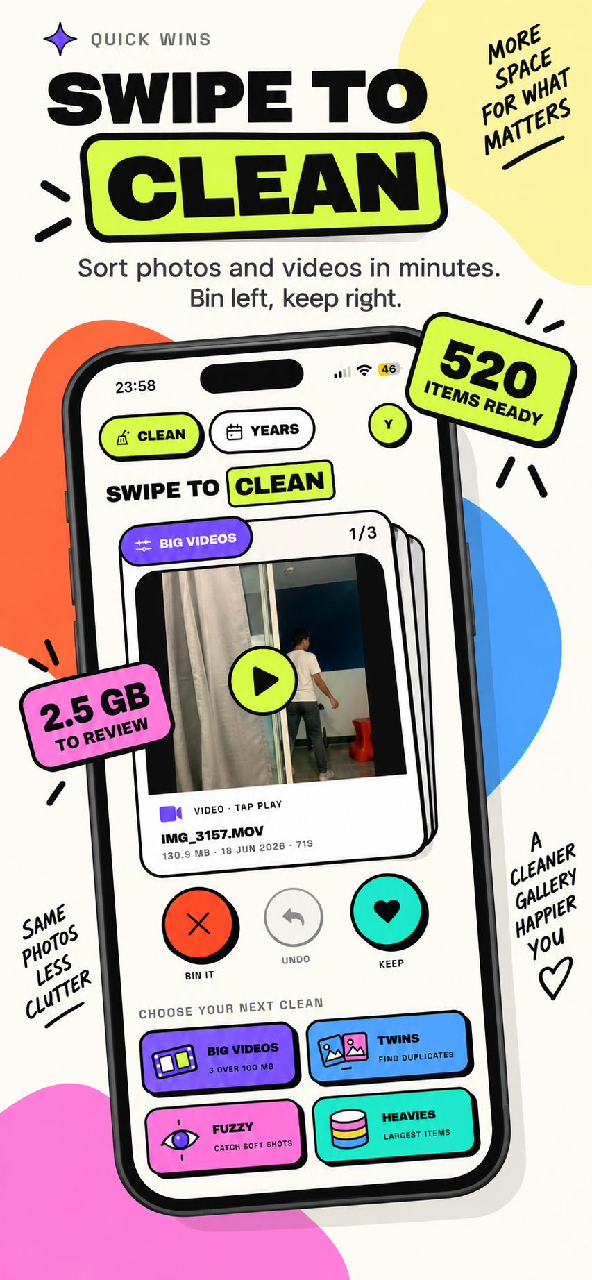 Swipe Gallery app — swipe left to bin, right to keep